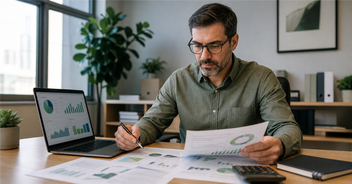 Gestor analisando relatórios e gráficos para reorganizar as finanças da empresa